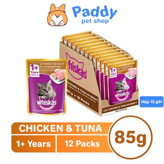 Pate Cho Mèo Lớn Whiskas Vị Gà Và Cá Ngừ Nấu Sốt Chicken & Tuna in Gravy Gói 85g - Hộp 12 Gói