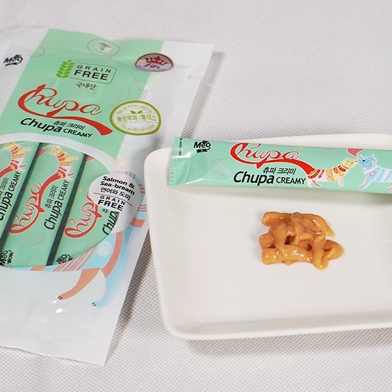 Chupa Creamy SALMON &amp; SEA-BREAM for cat ( 14g x 4pcs ) _ Xốt CÁ HỒI VÀ CÁ TRÁP cho mèo ( 14g x 4 tuýp )