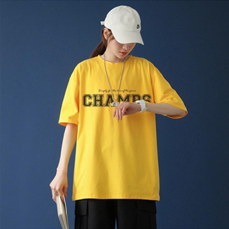Áo thun nam nữ tay lỡ cổ tròn Champs vải Cotton co giãn, dày dặn, form rộng | BigBuy360 - bigbuy360.vn