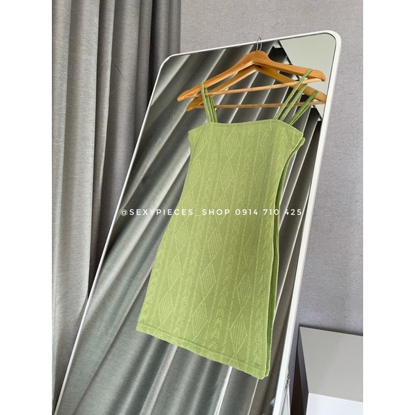 ✅Ảnh thật 100%- Set áo khoác len và dress xanh chuối dệt kim