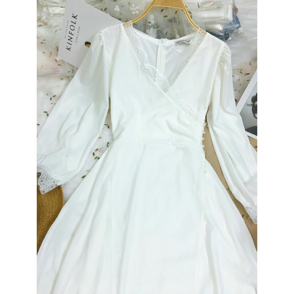 Váy cưới cô dâu đi bàn đơn giản đẹp đầm nữ dự tiệc trắng dài phối ren maxi tay dài chất liệu lụa Pháp MIYU CLOTHING
