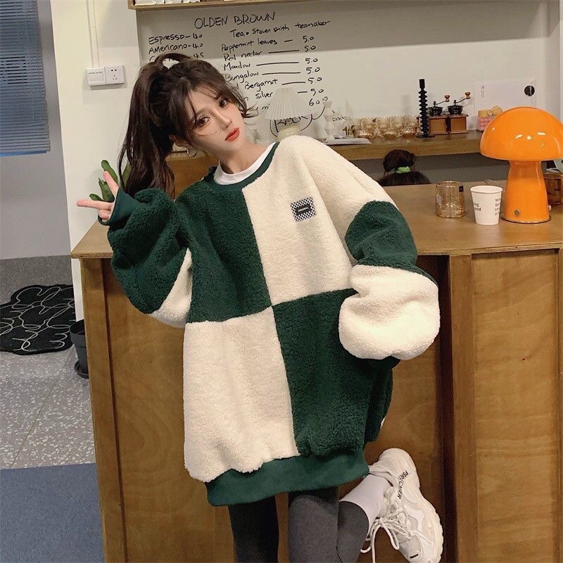 Áo Len Nữ Lông Form Rộng To Mùa Thu Đông Phong Cách Hàn Quốc 2023 Thiết Kế Mới Màu Tương Phản Kẻ Vuông Dày