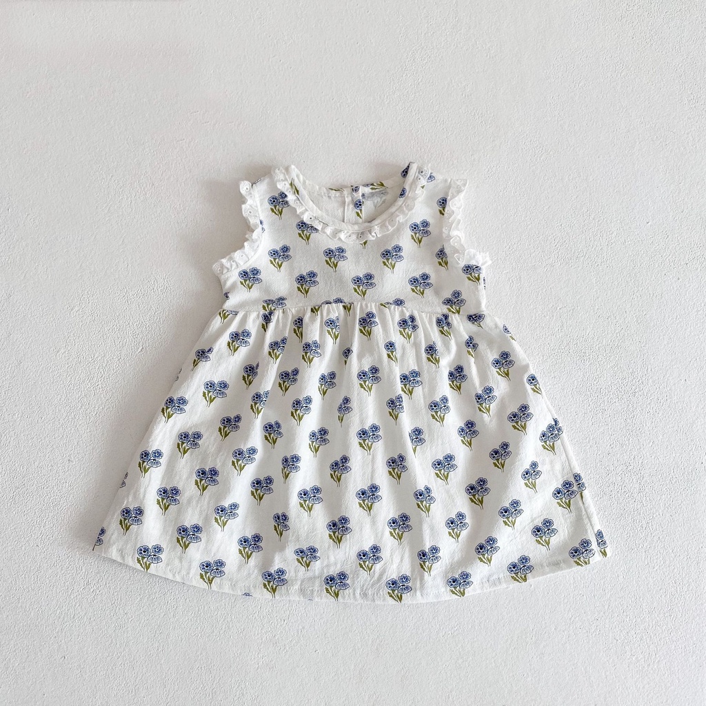 Bộ Áo Liền Quần Sát Nách Vải cotton Phối Ren Hoa Dễ Thương Cho Bé Gái