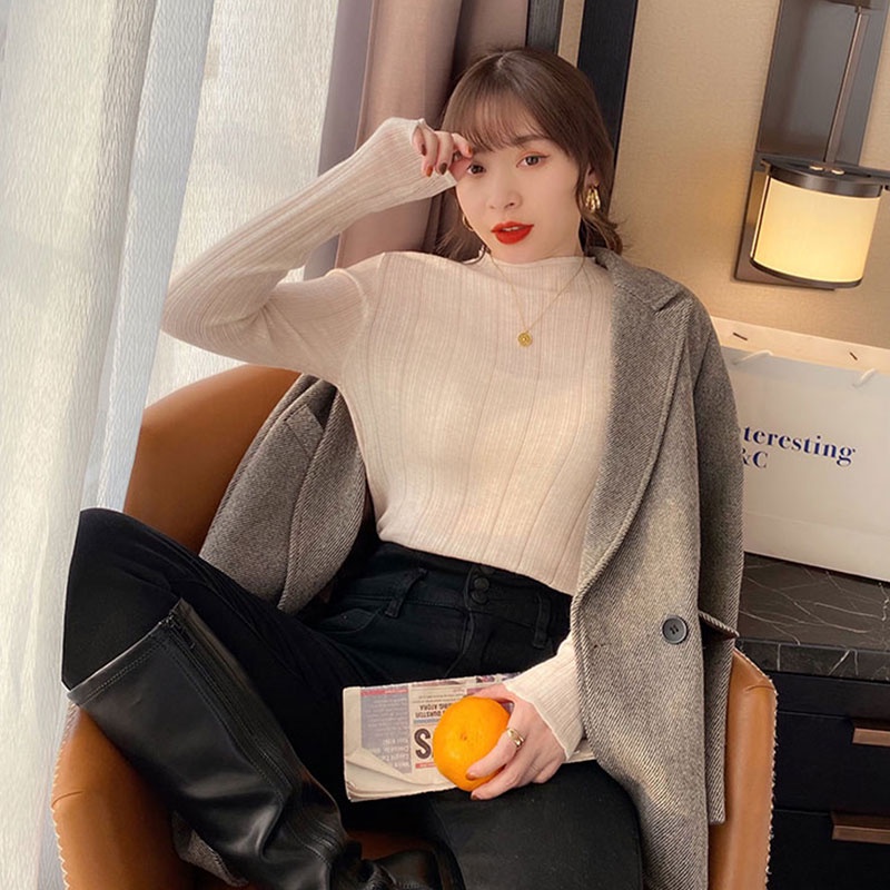 Áo Dệt Kim Mỏng Tay Dài Cổ Cao Phong Cách Thời Trang Hàn Quốc Dành Cho Nữ