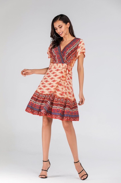 (S-XXL bigsize ) Đầm váy Vintage thổ cẩm Boho cổ V thắt eo | BigBuy360 - bigbuy360.vn