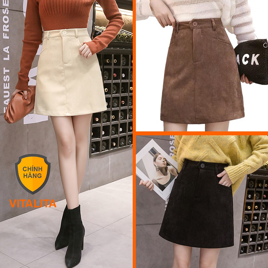 Chân váy nhung tăm dáng chữ A - có quần lót trong - Chất vải nhung tăm - Màu Đen Kem và Nâu - VITALITA  | BigBuy360 - bigbuy360.vn