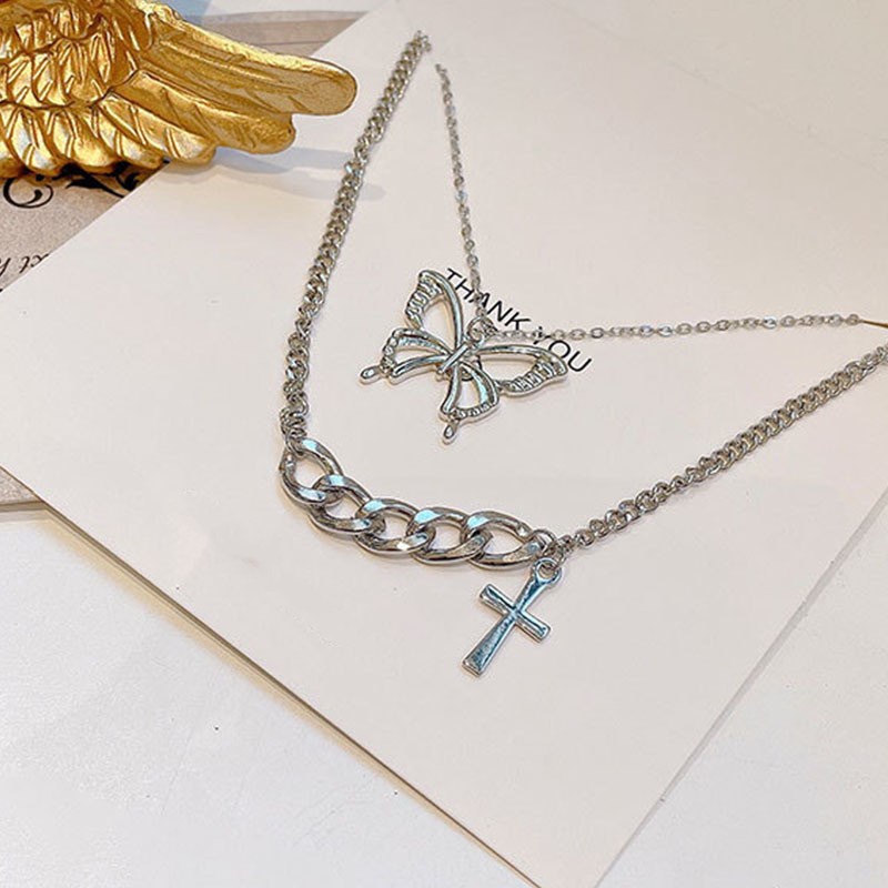 Vòng Cổ Nhiều Lớp Mặt Hình Bướm / Thánh Giá Bằng Kim Loại Phong Cách Hip Hop Punk Gothic Thời Trang Cho Nữ