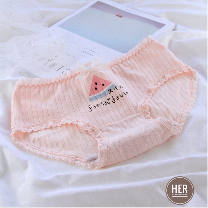 Quần lót nữ cotton cao cấp đẹp thấm hút mồ hôi kháng khuẩn viền ren họa tiết dưa hấu dễ thương CT01- Her Sleepwear