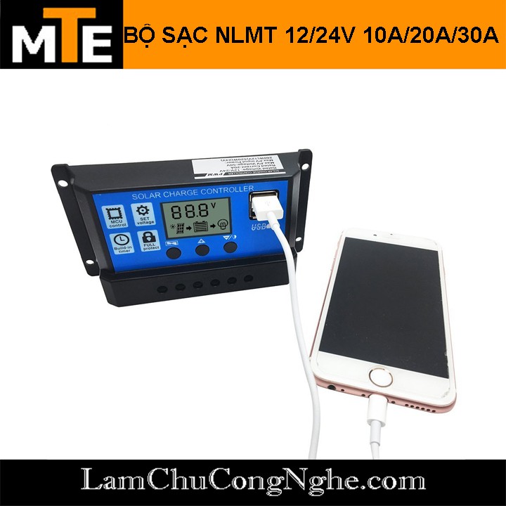 Bộ điều khiển sạc acquy từ năng lượng mặt trời NLMT tự động 12V 24V 10-40A có hiển thị LCD + sạc điện thoại từ USB