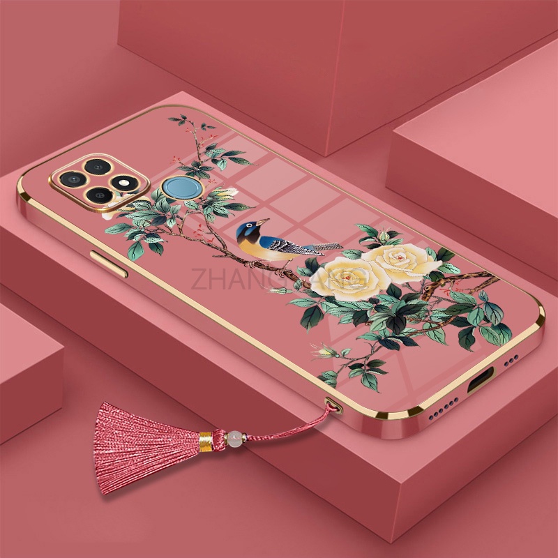 Ốp lưng Realme c21y c25y c25 c25s c12 c15 Vỏ điện thoại di động TPU hoa văn chim và hoa được mạ điện có dây buộc tua