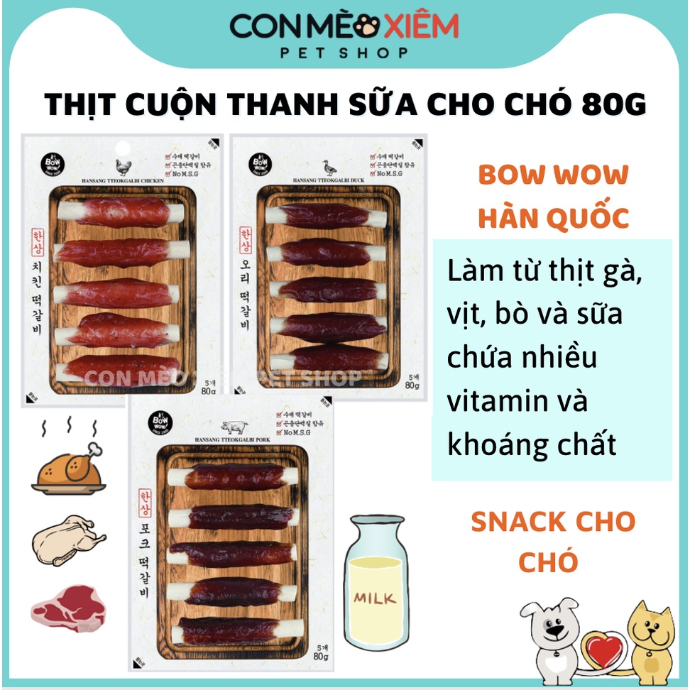 Thanh gặm cho chó Bow wow thịt gà vịt heo cuộn que sữa 80g, thức ăn thưởng sạch răng cho cún Con Mèo Xiêm