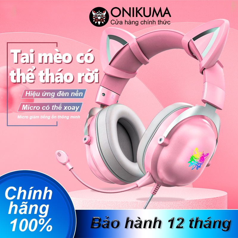 ONIKUMA X11 tai nghe chơi game chụp tai màu hồng với tai mèo có thể tháo rời dành cho PS5, PS4, Xbox