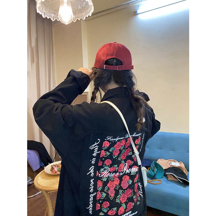 Áo Khoác denim Dáng Rộng Thêu Hoa Hồng Thời Trang Xuân Thu Cho Nữ