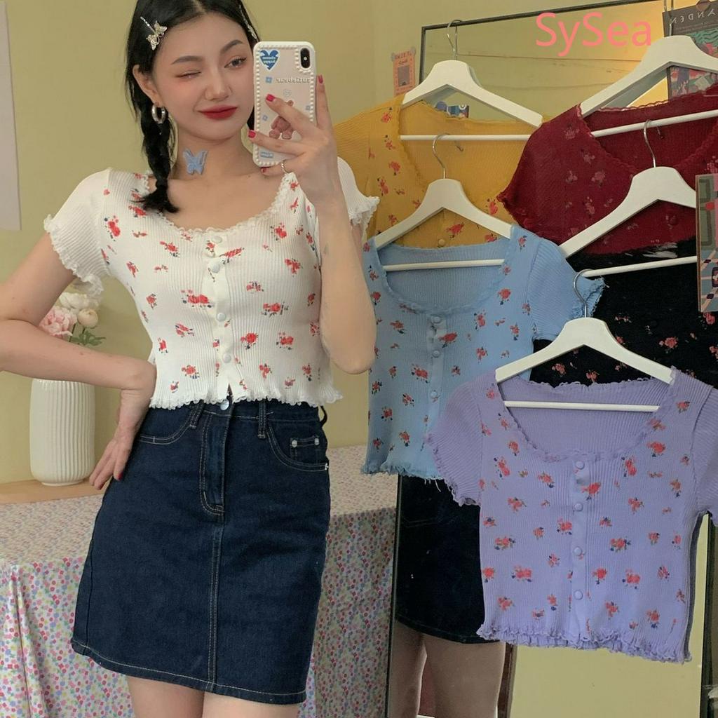 Áo croptop tay ngắn hoạ tiết hoa thời trang mùa hè