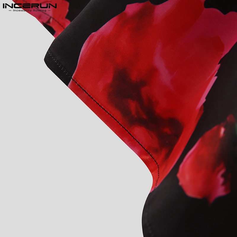 Áo sơ mi INCERUN ngắn tay in họa tiết phối nút thời trang cho nam