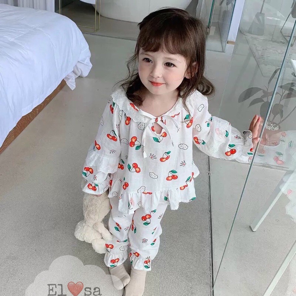 Bộ ngủ dài tay bộ pijama bánh bèo bé gái quả Cherry 2 mầu Hồng và Trắng XHN721