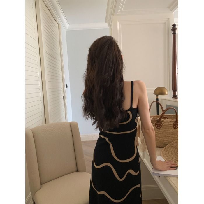 Đầm Dệt Kim Ôm Dáng Họa Tiết Kẻ Sọc Gợn Sóng Phong Cách Retro