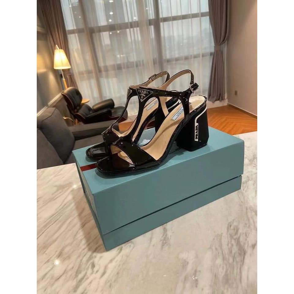 Sandal nữ quai nối chữ T gót thô quai gót tag logo Full box Hãng cao cấp