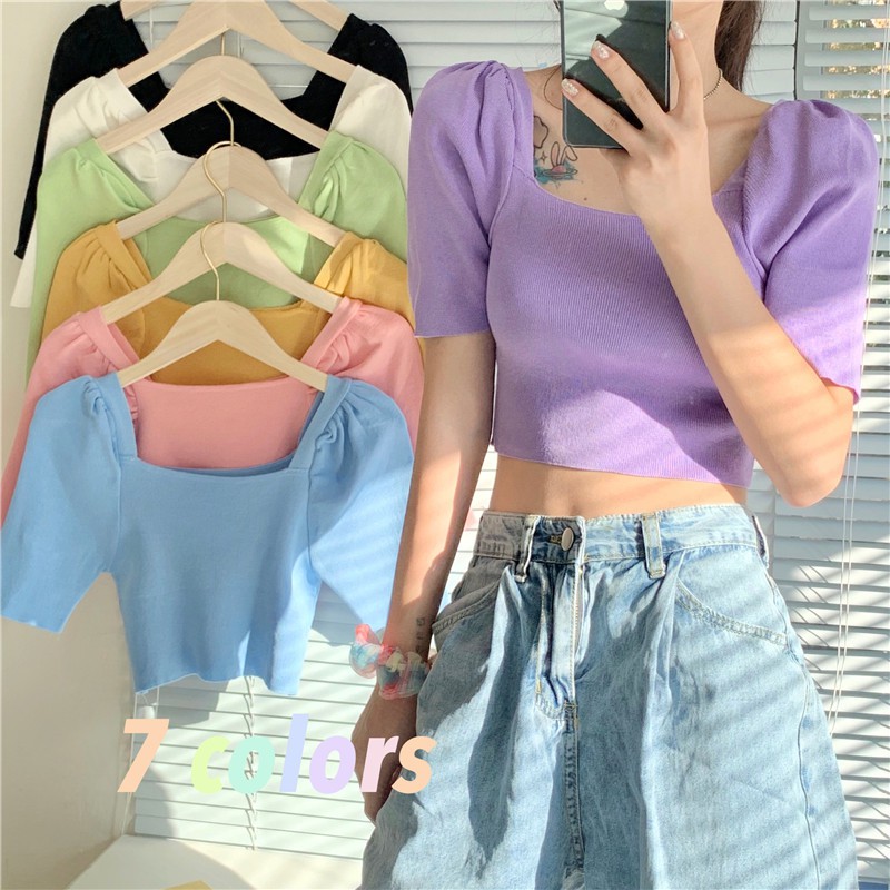 NZN Áo croptop dệt kim tay ngắn cổ vuông thời trang Hàn Quốc