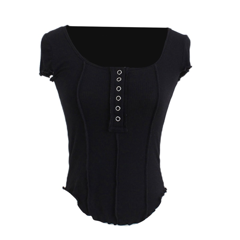 Áo Thun Nữ Ngắn Tay Cổ Chữ U Cài Nút Thời Trang