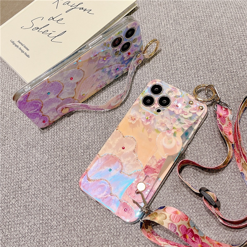 Ốp Điện Thoại Họa Tiết Hoa Có Dây Đeo Cho iPhone 12 13 11 Pro Max 13 Mini 7 8 Plus SE 2020 2022