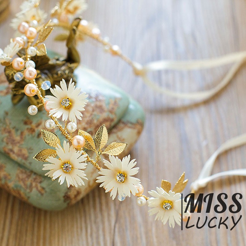 Băng đô đính hoa lá kèm dây ruy băng xinh xắn cho nữ