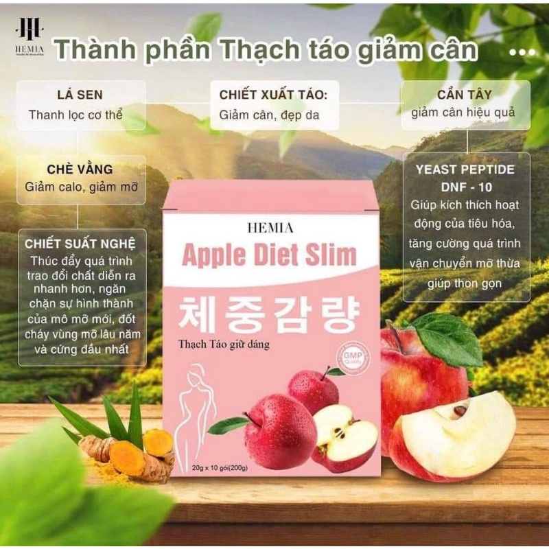 (Cam kết giảm cân) Thạch táo giảm cân Hemia, giảm cân đẹp dáng, hộp 10 gói, 20g