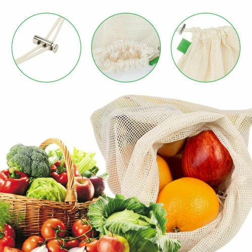 1 Túi Lưới Cotton Hữu Cơ Dây Rút Tái Sử Dụng Được Đựng Rau Củ Quả