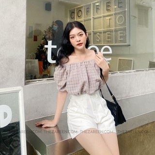 ÁO CARO TRỄ VAI THẮT NƠ EO ZAREEN VOA61 XANH DƯƠNG NHẠT