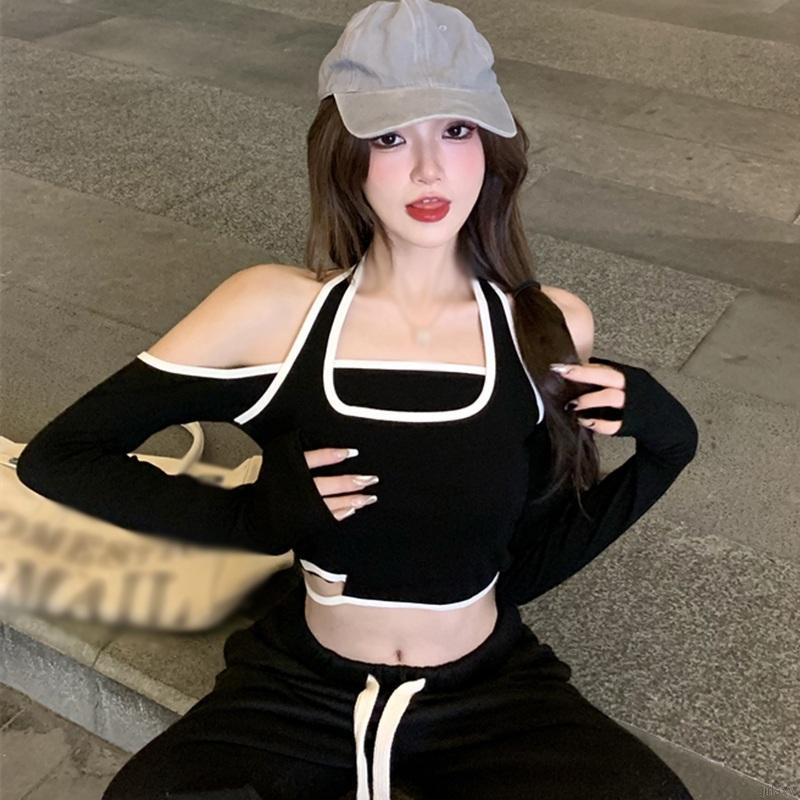 Áo croptop tay dài hở vai màu sắc thời trang Hàn Quốc dành cho nữ