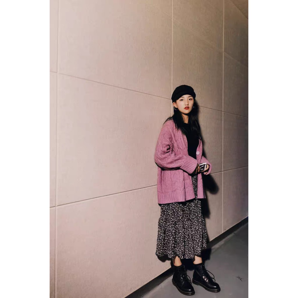 Áo khoác len vặn thừng thu đông cardigan màu tím