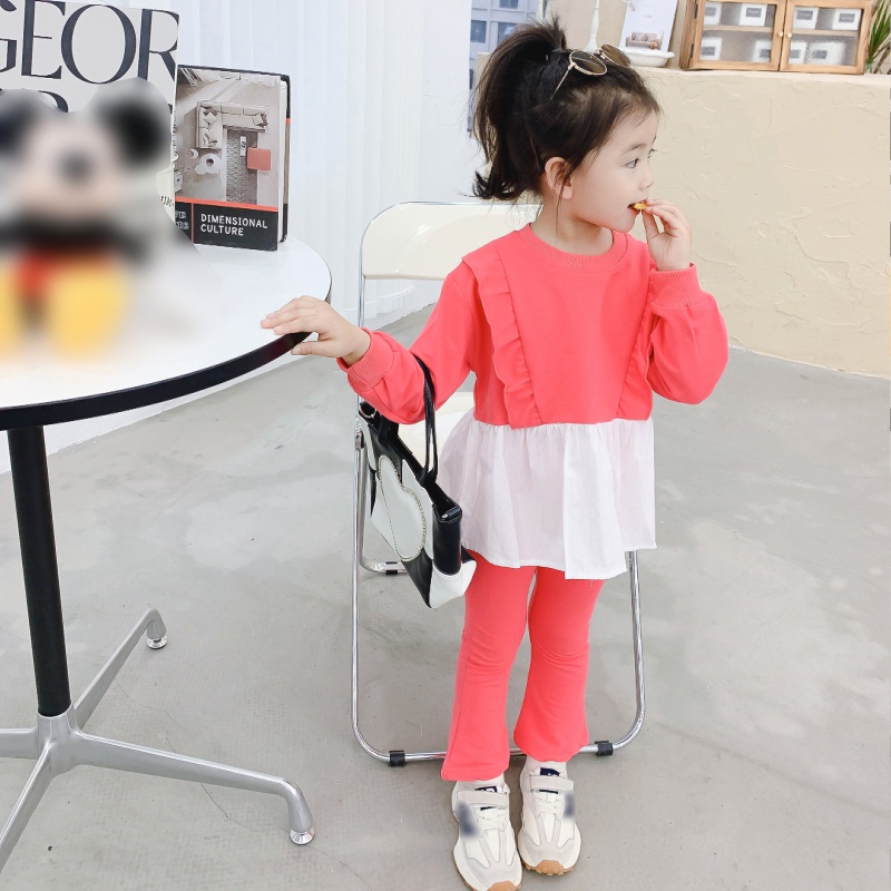 Set Áo Nhún Bèo Màu Sắc Trơn + Quần Dài Ống Loe Thời Trang Hàn Quốc Cho Bé Gái