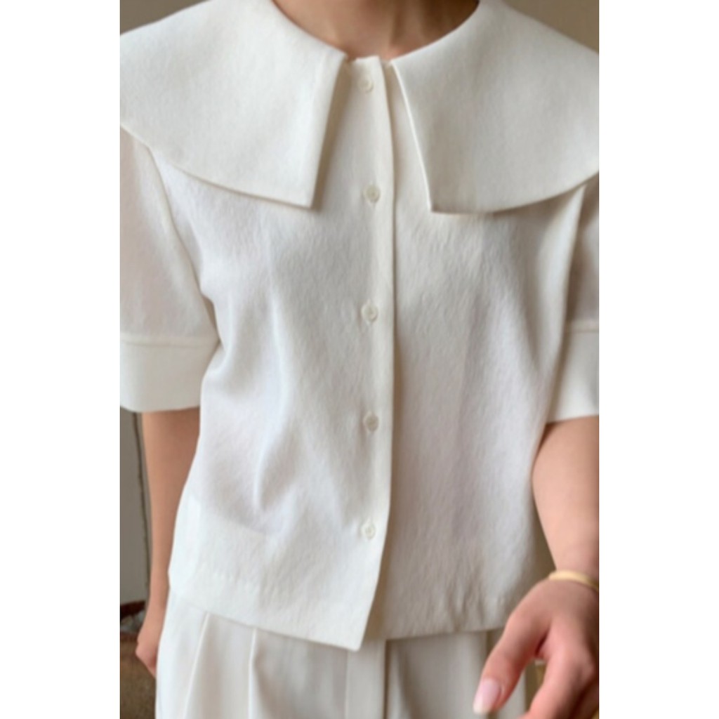 French niche big lapel single-breasted short-sleeved white shirt female summer Korean fan simple style loose temperament top