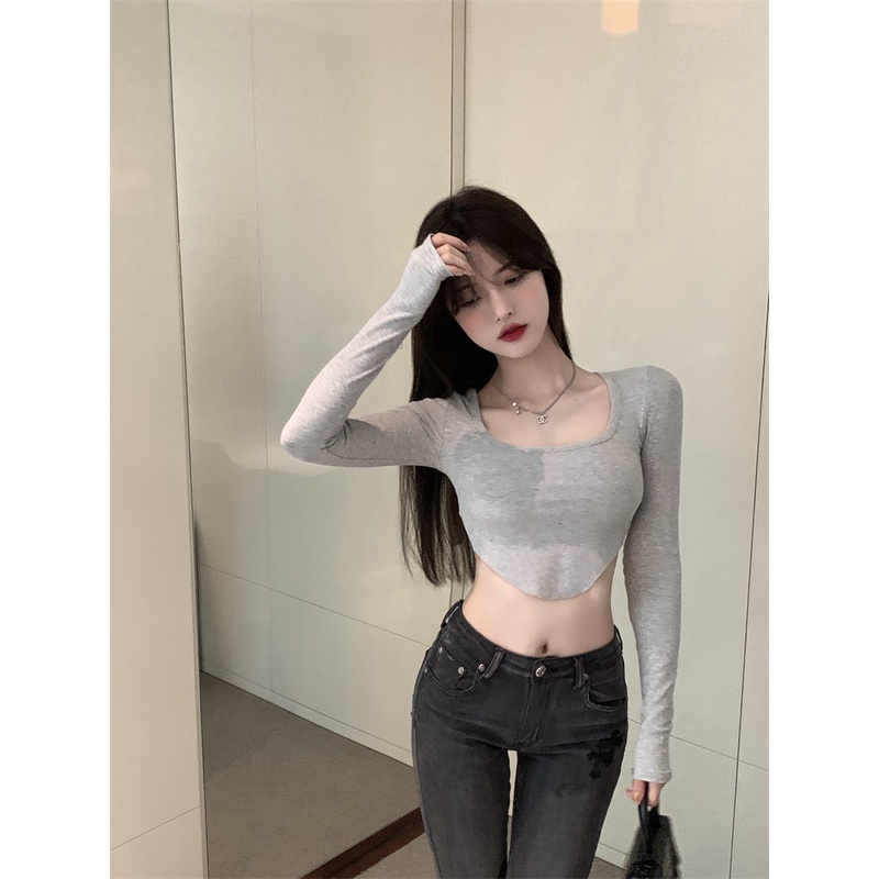 Cocory vn Áo croptop tay dài màu trơn dáng ôm thời trang quyến rũ thích hợp cho nữ