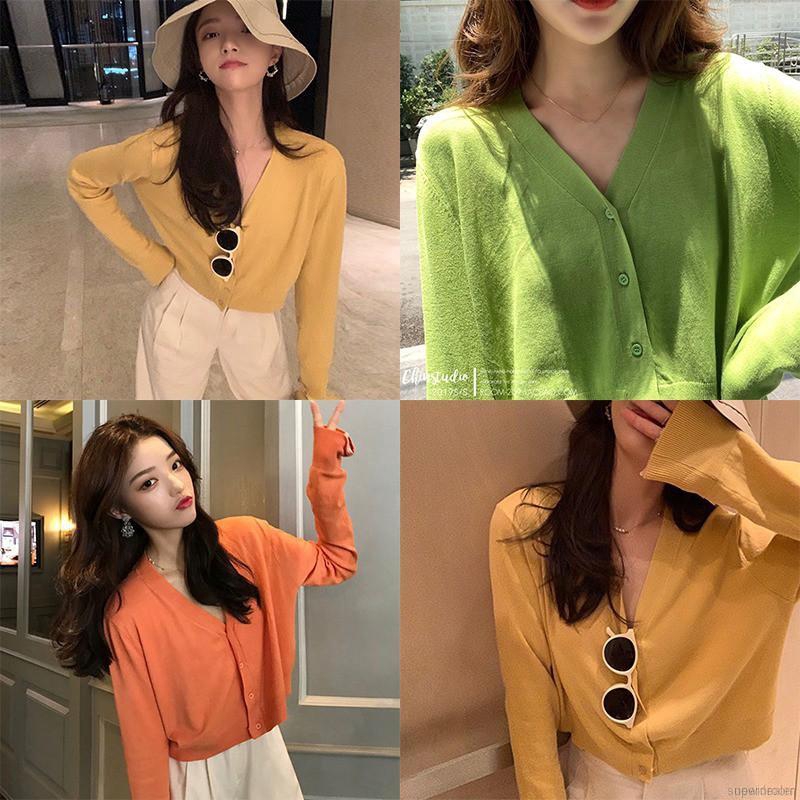 Áo len dệt kim phối nút thiết kế cổ chữ V màu trơn thanh lịch cho nữ | BigBuy360 - bigbuy360.vn