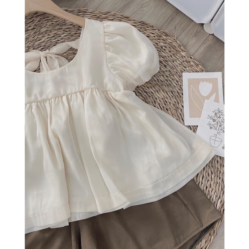 Set Bộ Áo Voan Thắt Nơ Và Quần Sooc Nâu Hàn Quốc, Freesize Dưới 65Kg, Dáng Basic Cực Xinh