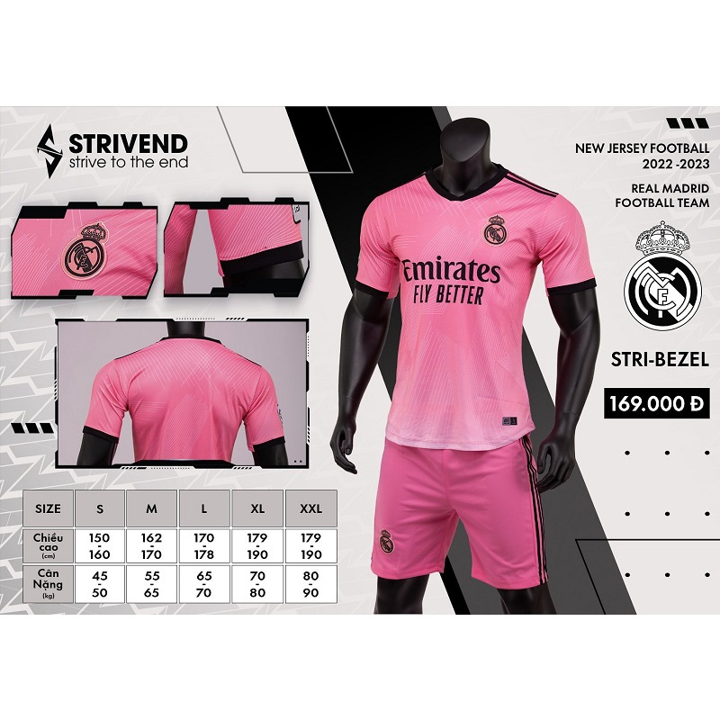Quần áo Real Madrid màu hồng Strivend cao cấp 2022-23 CÓ IN tên số
