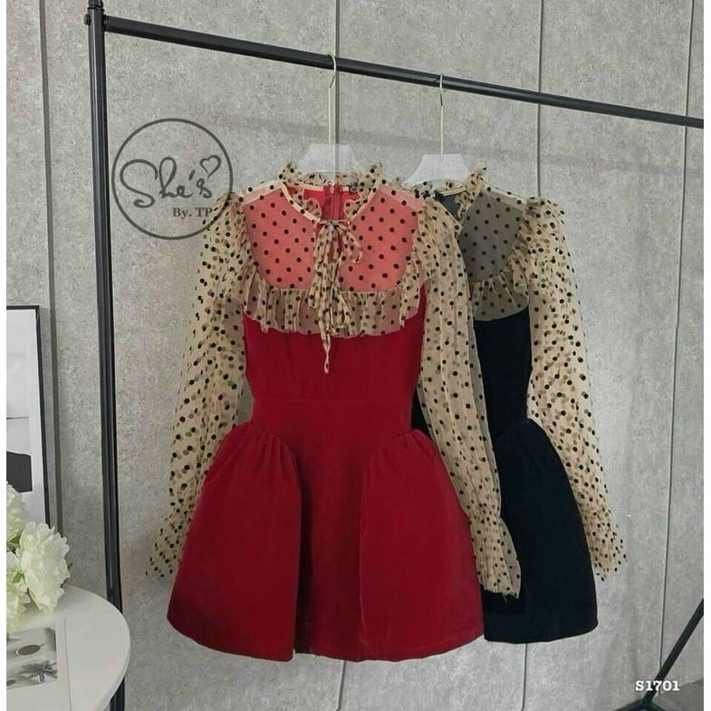 G1- đầm xoè nhung phối tay bi lưới, freesize