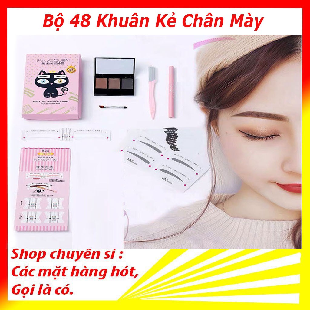 Bộ Khuân kẻ mày Merilyquen + Bút kẻ lông mày 4 in 1 + 48 khuôn dán lông mày khác nhau chuẩn hàn quốc