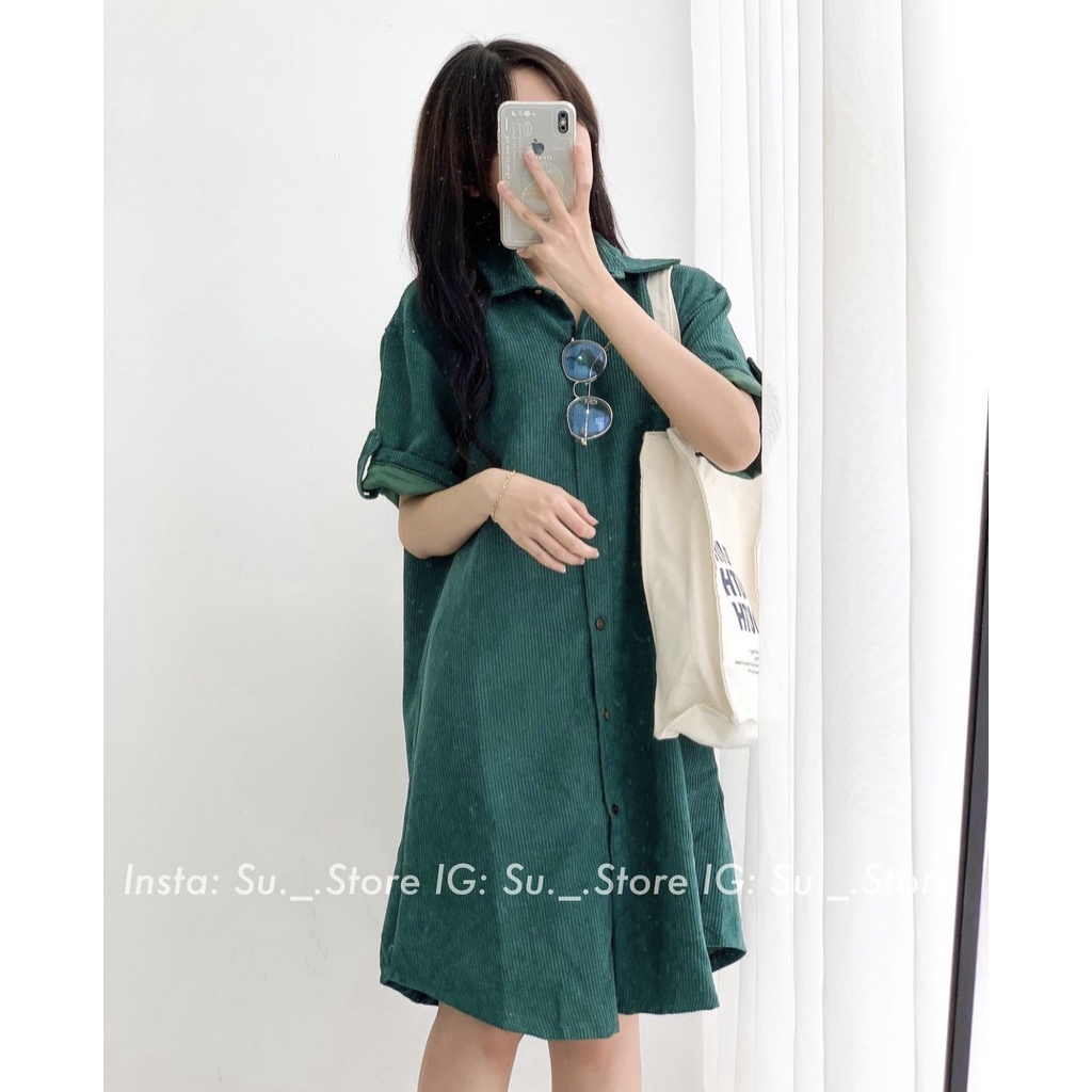 Váy sơ mi nhung tăm dáng Hàn oversize 2022