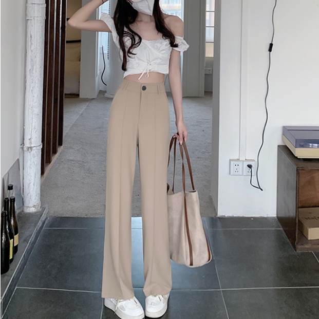 SUXI Quần Dài Ống Rộng Lưng Cao Màu Sắc Đơn Giản Hợp Thời Trang Cho Nữ