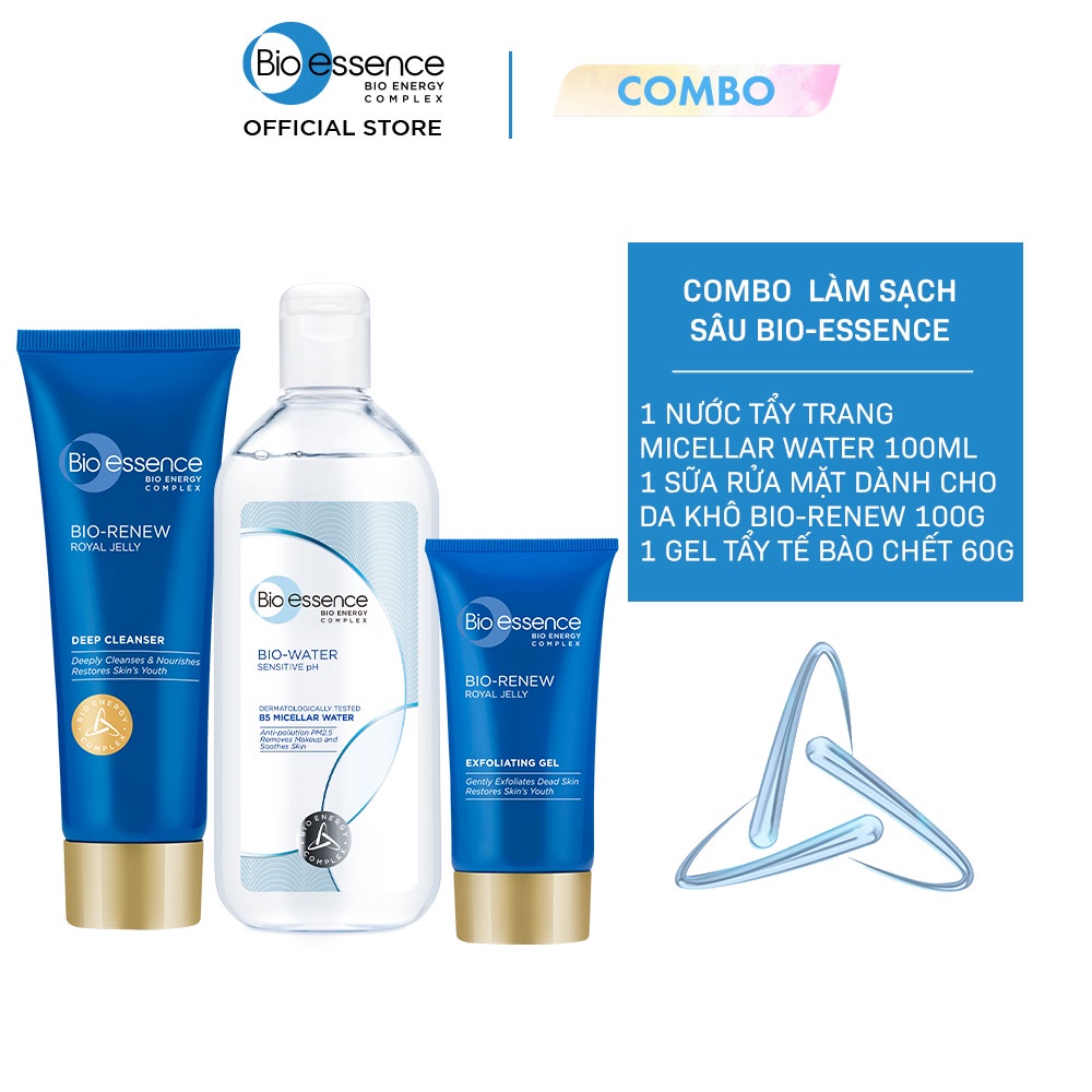 Combo sạch sâu Bio-essence(Nước tẩy trang Bio-Water 100ml+Gel tẩy tế bào chết Bio-Renew 60gr+Sữa rửa mặt Bio-Renew 100g)