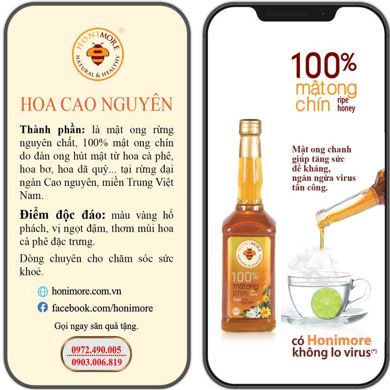 Set 2 chai + tặng 1 chai cùng loại: Mật ong nguyên chất Hoa Cao Nguyên Honimore 630g - 100% mật ong rừng