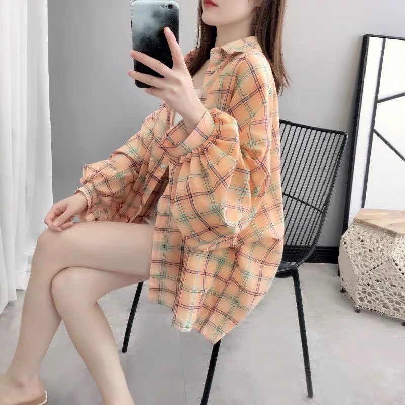 Sơ mi kẻ thụng KA Closet chất kẻ thô from rộng tay to bồng, 3 màu Đen, Nâu, Đỏ hot 2021