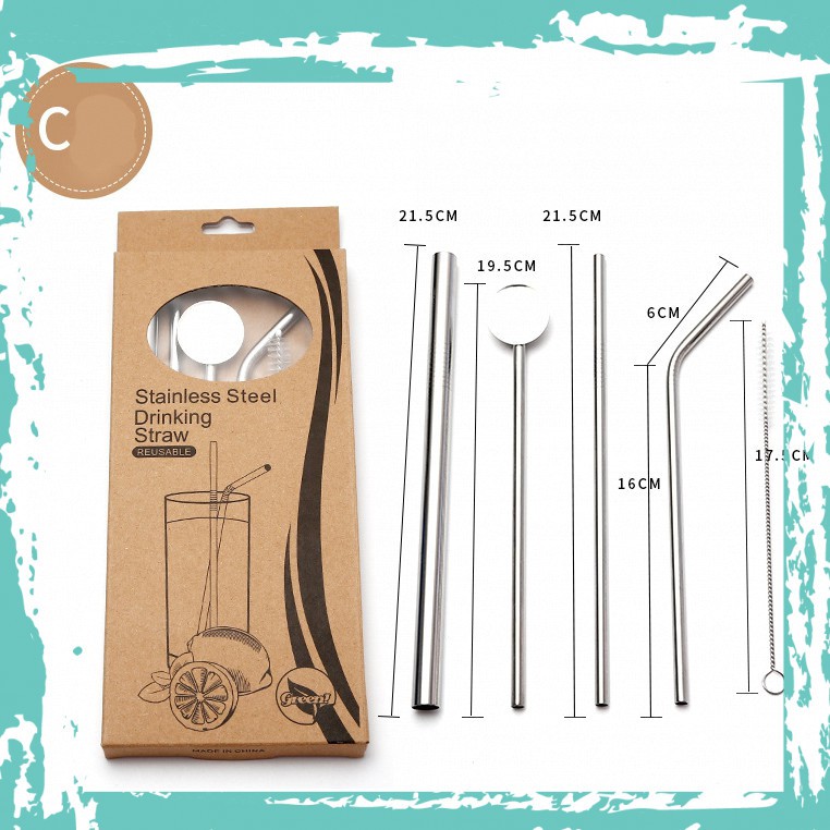 Combo 4 Ống Hút Inox đa năng có muỗng và Ống trân châu - Stainless Steel Straws - Thân Thiện Với Môi Trường - Dài 21.5cm