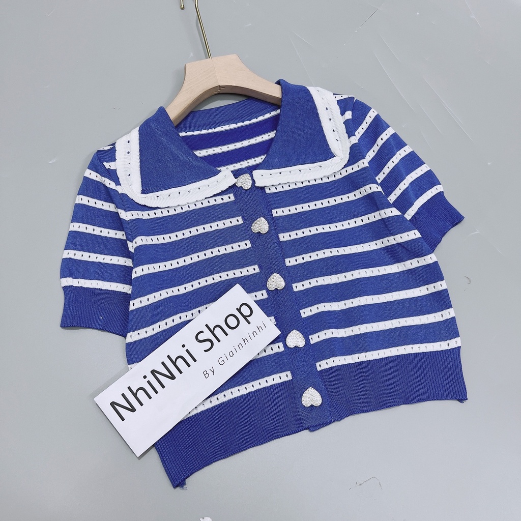 Xả hàng - Áo len ngắn tay cúc đá kẻ sọc ngang cổ sen bo tay AL8035 - NhiNhi Shop
