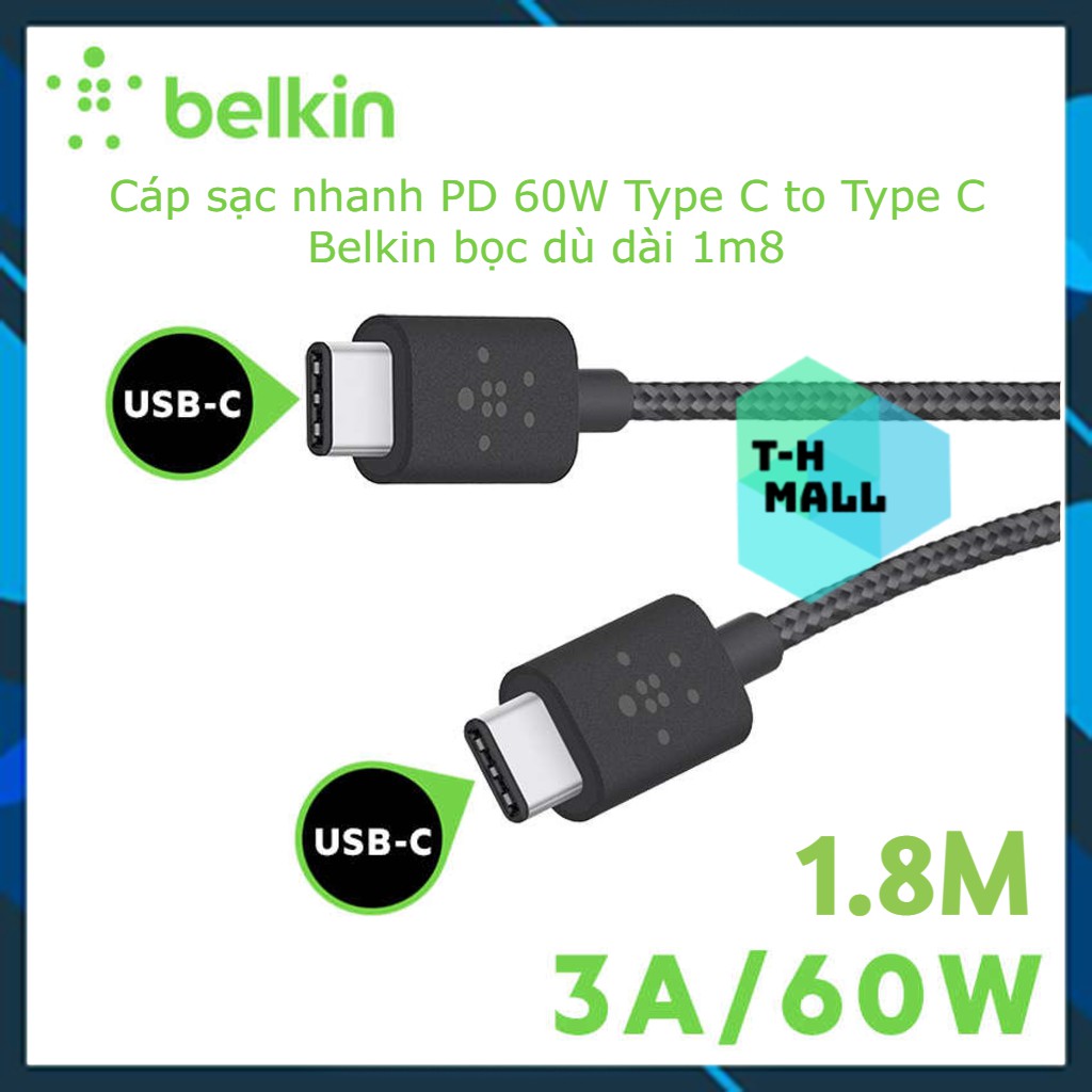 [New 100% nobox] Cáp sạc Belkin MIXIT↑™ USB-C to USB-C 1.8m - F2CU041bt06 vỏ dù Metallic