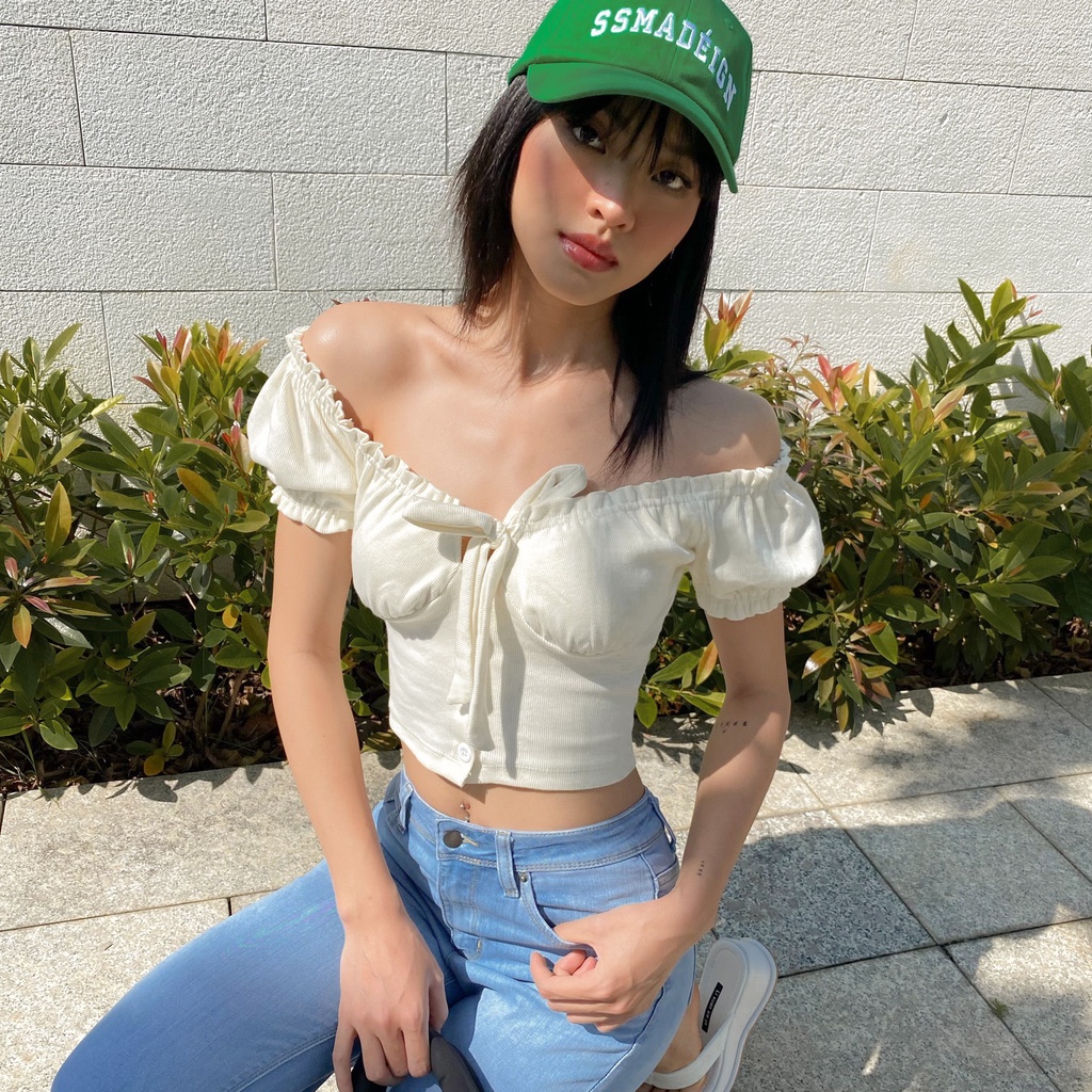 Áo croptop nữ body trễ vai TOPTIFY tay bèo phối nơ ngực Off Shoulder Top AC185