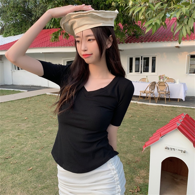 SUXI Áo Thun Tay Ngắn Cổ Chữ V Màu Sắc Đơn Giản Thời Trang Mùa Hè Dành Cho Nữ