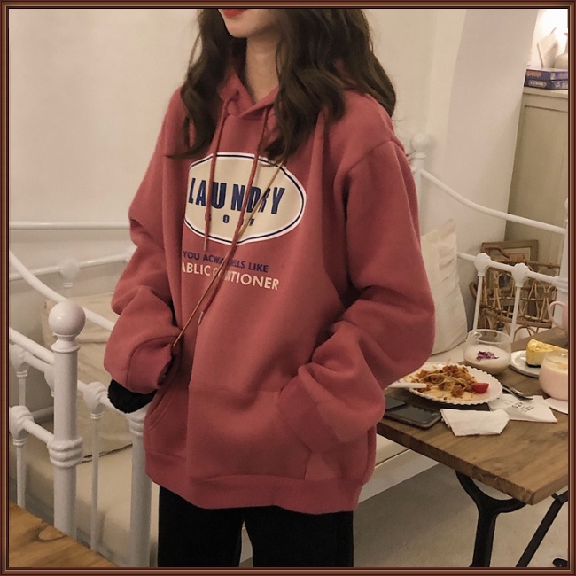 Áo Hoodie Lông Cừu Dày Dáng Chữ A Tay Dài In Chữ Thời Trang Cho Bạn Gái
